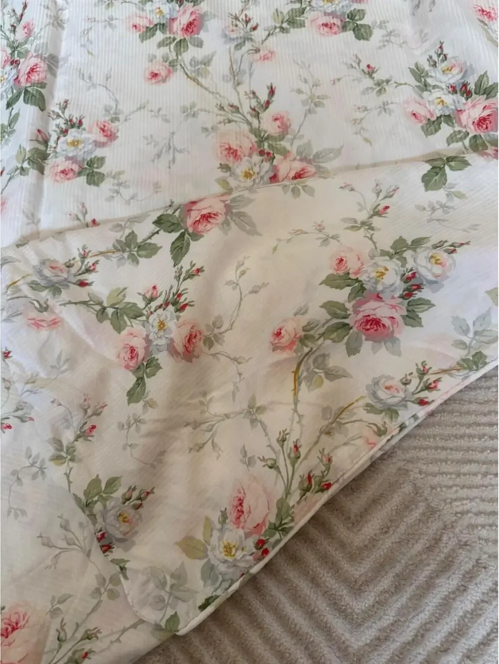 Ralph Lauren Meadow Way Twin Duvet Cover-Pink Roses on White-Cottage-Cotton 1990